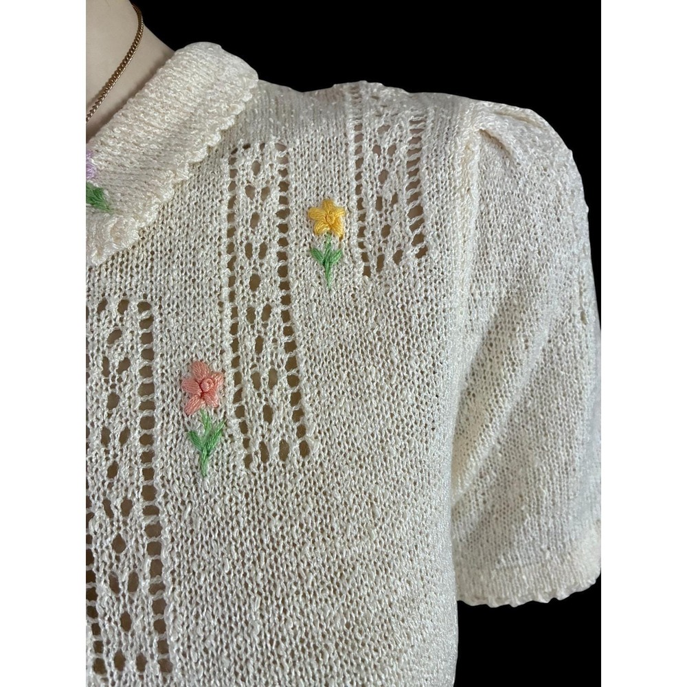 Vintage Knit Dress Cream Floral Embroidered Pointelle Cottagecore Small - Picture 5 of 10